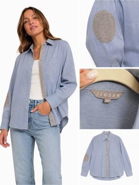 Jigsaw Light Blue Button-Down Shirt with Neutral Grey Elbow Patches